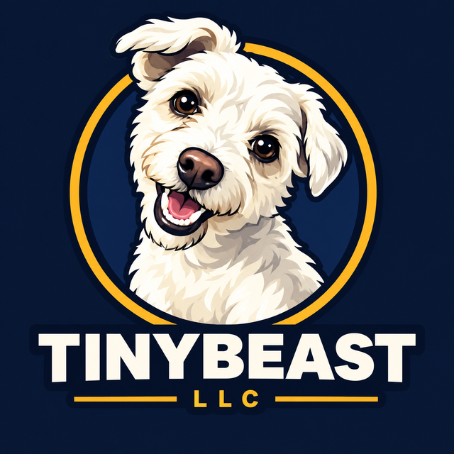 TinyBeast LLC logo: a smiling white dog inside a gold ring