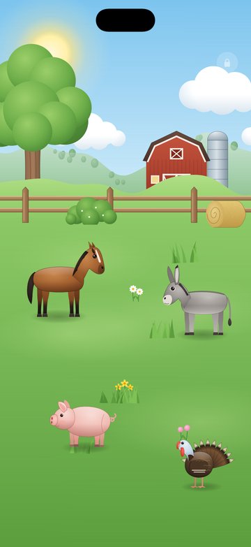 Tippy Tap Farm play screen: a cartoon farm with a red barn, a horse, a donkey, a pig, and a turkey on green grass.